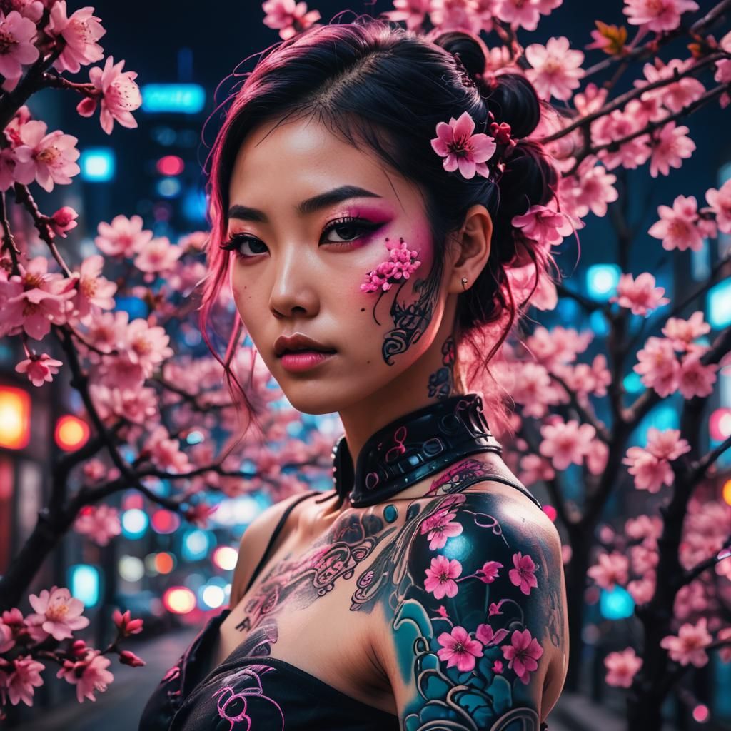 Cyberpunk Japanese Model with Neon Tattoos