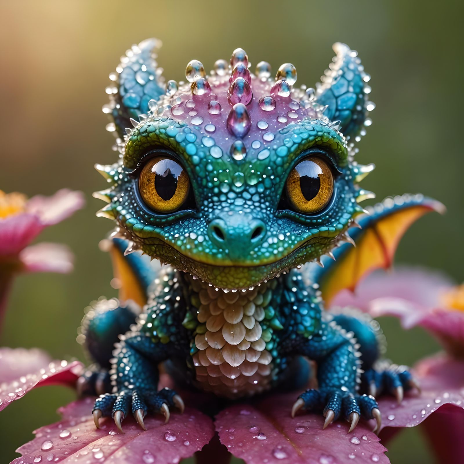 Dewy Dragon on Flower Petal: Macro Fantasy Photo