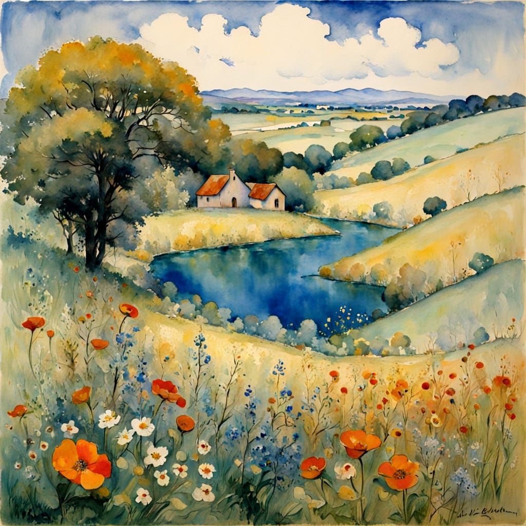 Watercolor Landscape with Silver-Blue Streams