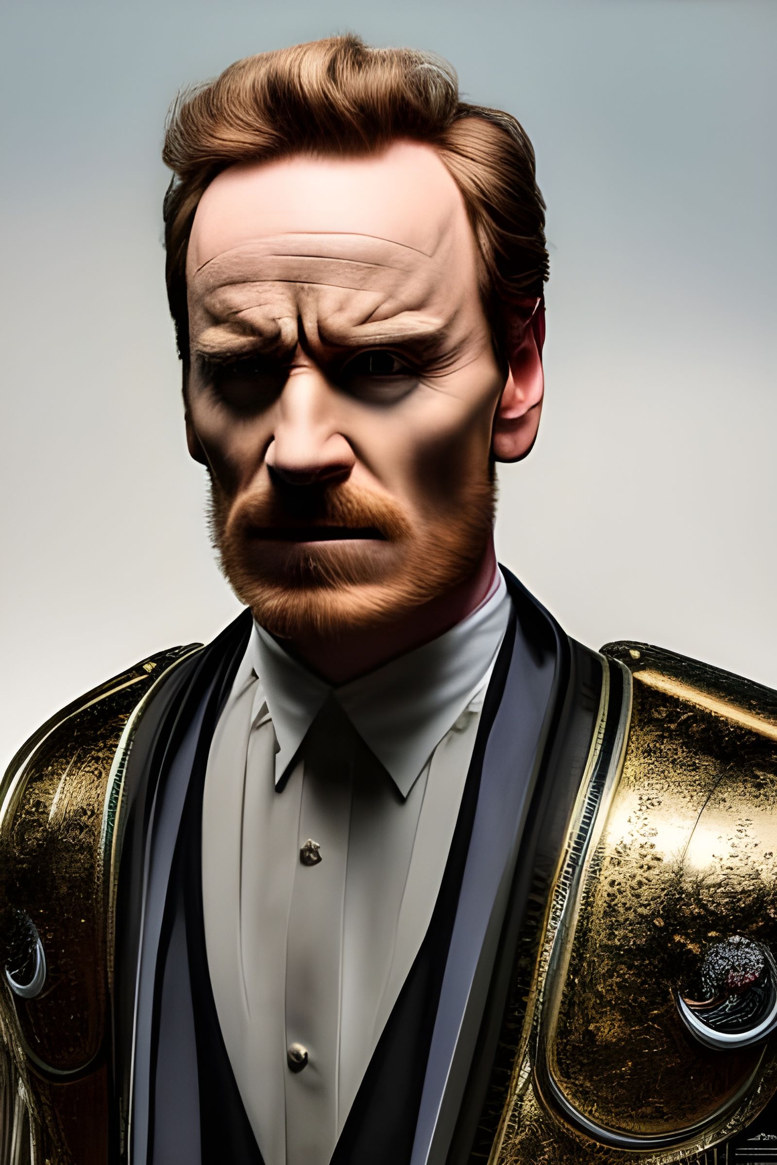 portrait of Michael Fassbender, in gold armour