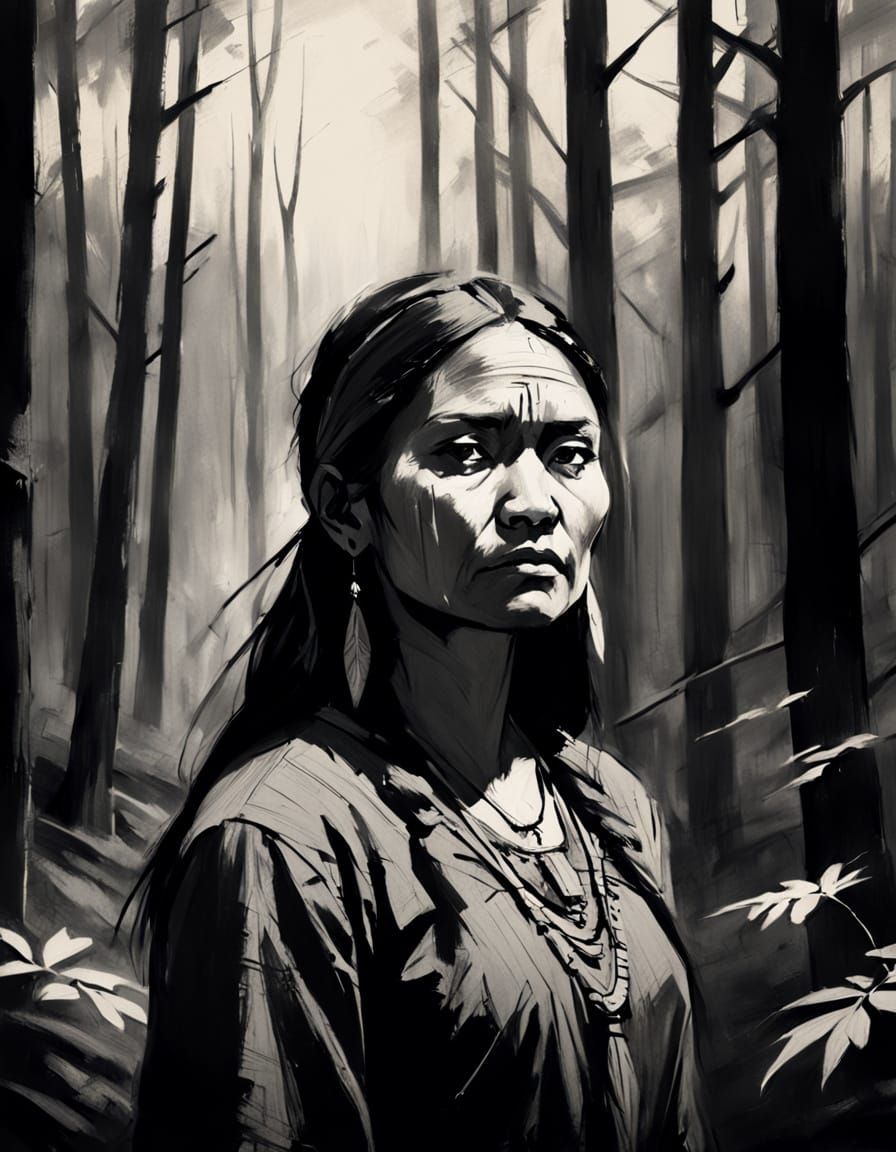 Expressive pencil sketch. A 1750s Navajo woman with a bold e...