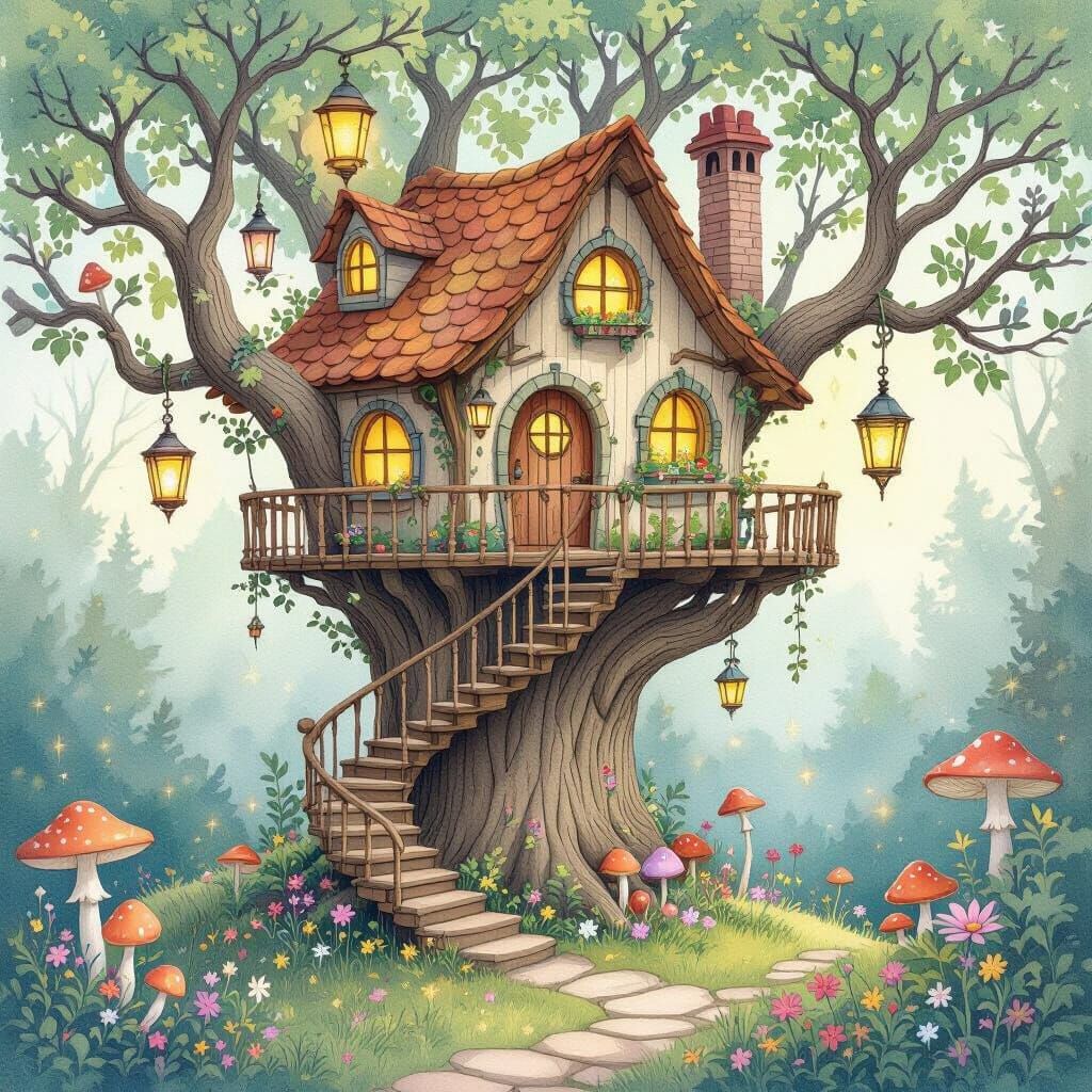 Enchanted Forest Treehouse in Watercolor Style
