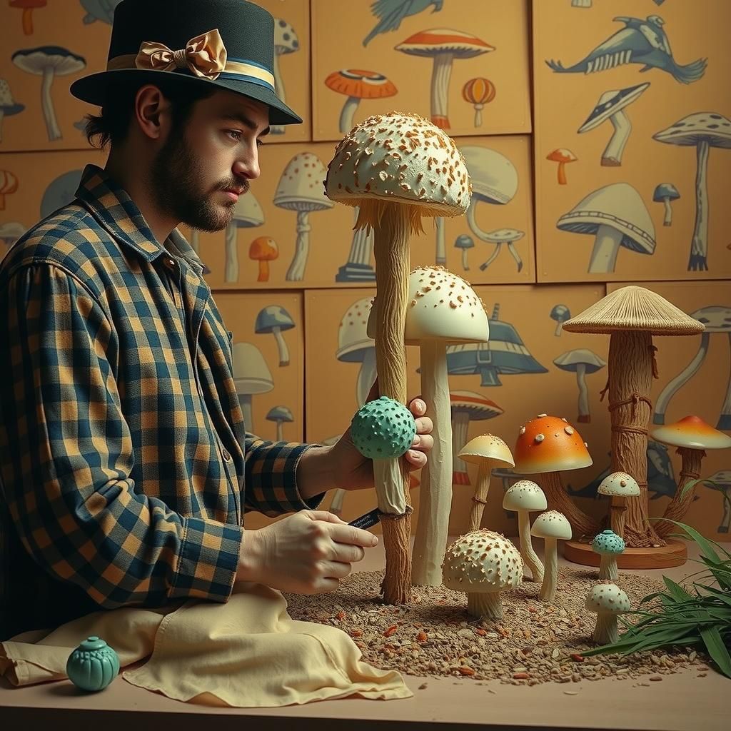 Porcelain Figures Cultivating Giant Mushrooms in Linocut Sty...