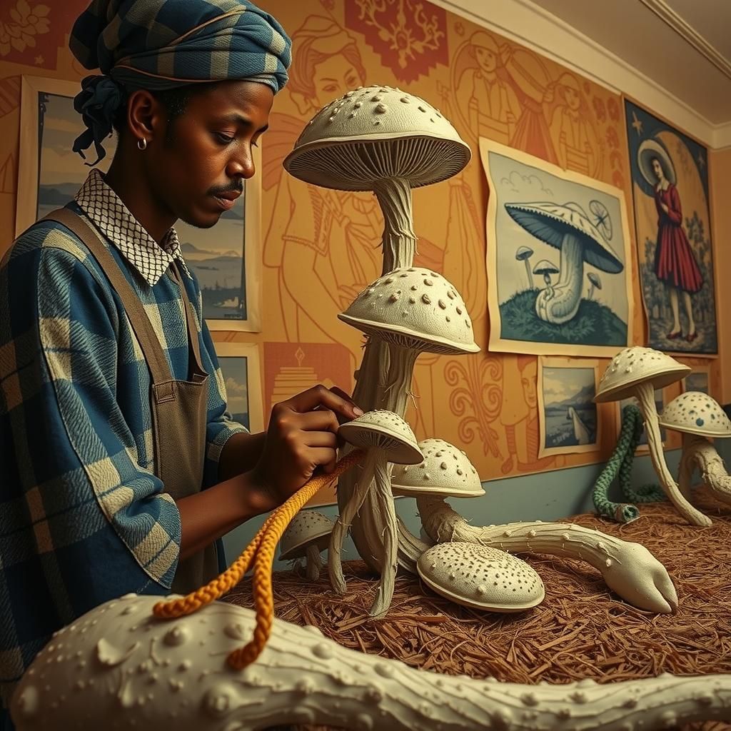 Giant Mushrooms with Bavarian Sculpture Workers in Linocut S...