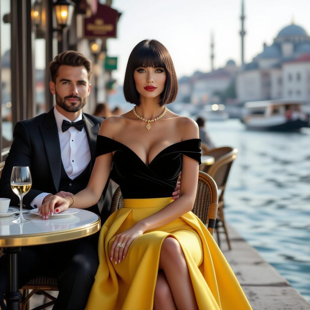 Couple at Istanbul Cafe, Gouache Style Painting