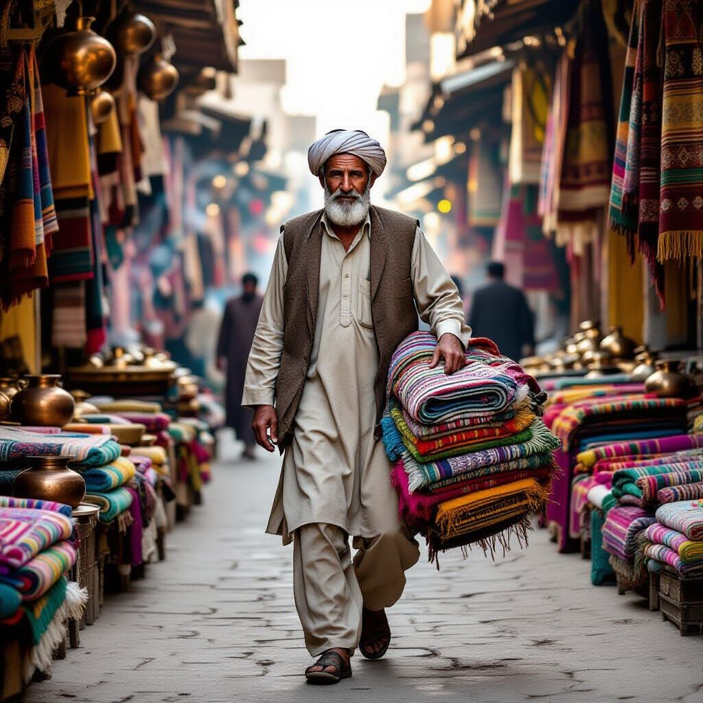 Afghan Man with Carpets: Photorealistic 8K Portrait
