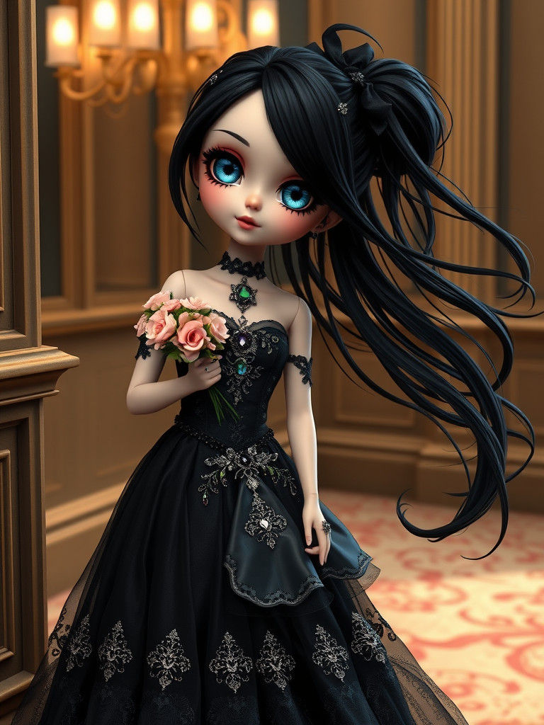 Gothic BJD Girl in Jeweled Black Ball Gown