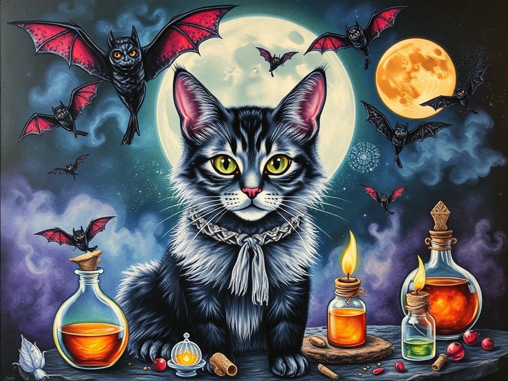 Magical Collage of Bats, Potions, and Mystical Beings