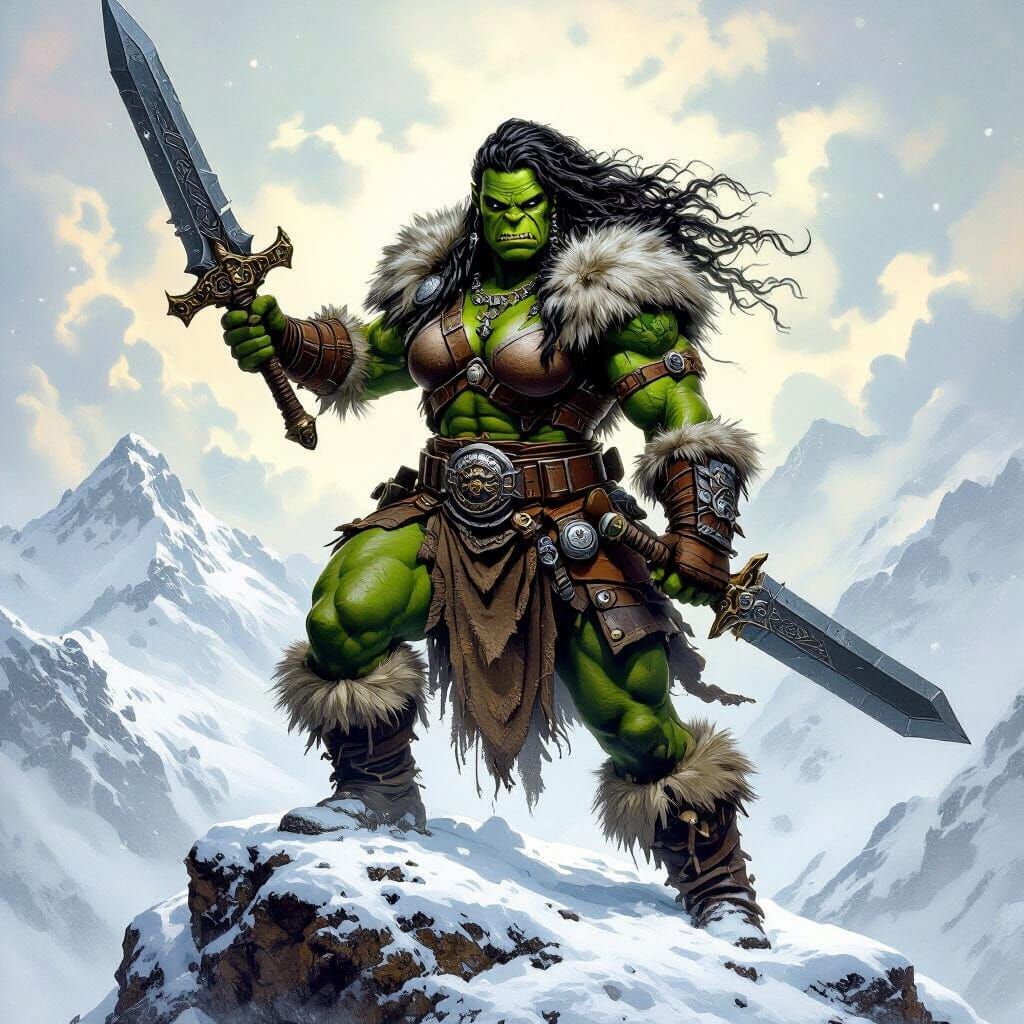 Triumphant Green-Skinned Barbarian Ork Warrior in Blizzard