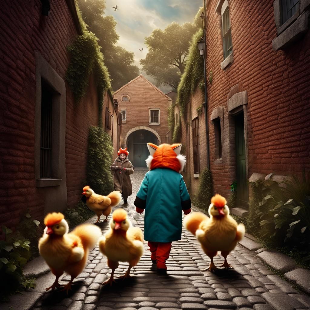 Fuzzy Foxes Chase Chickens in Cobblestone Alley