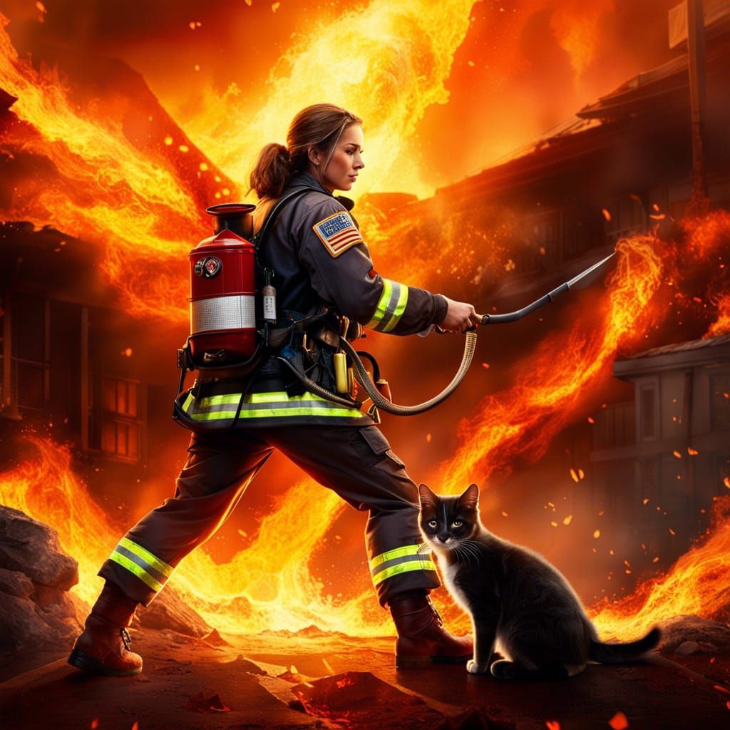 A heroic female firefighter saving a Siberian kitten from a blazing inferno by Per.