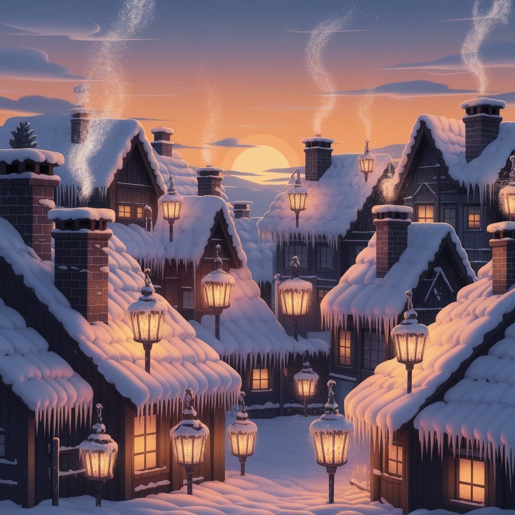 Anime Winter Village at Sunset