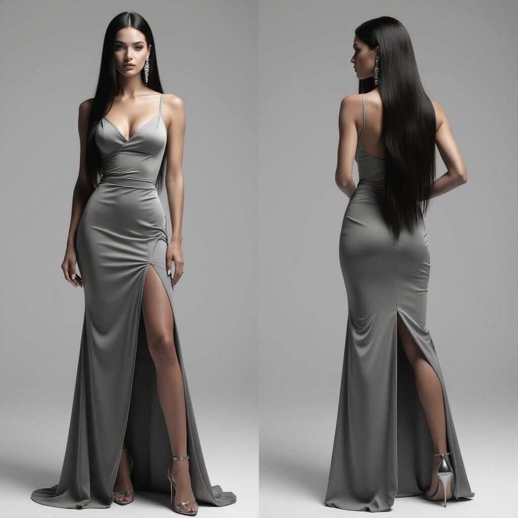 Grayscale Goddess with Flowing Hair in Elegant Dress