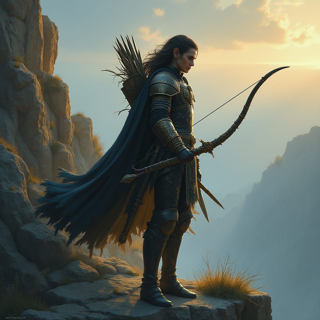Half Elf Archer on Cliff with Glowing Magic Longbow