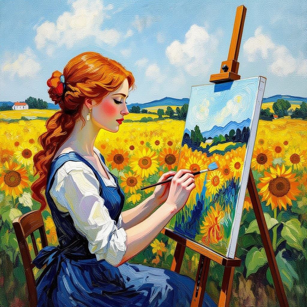 Sunny Artist at Work Among Vibrant Sunflowers in Impressioni...