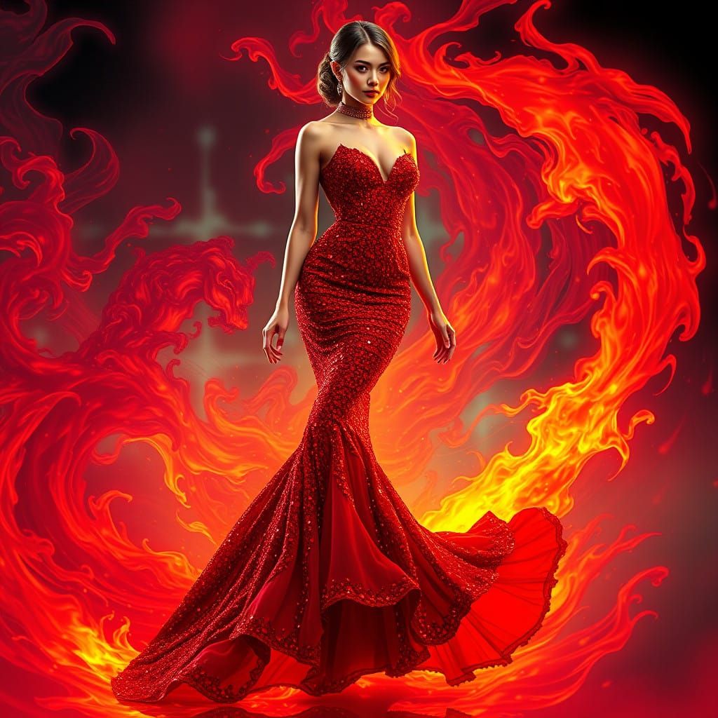 Confident Beauty Unscathed by Inferno in Red Sequin Gown