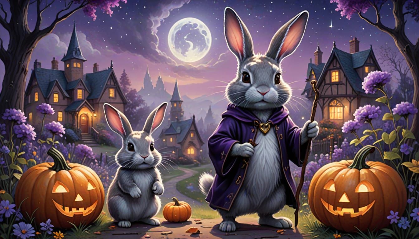 Adorable Witch Bunny in Magical Halloween Scene