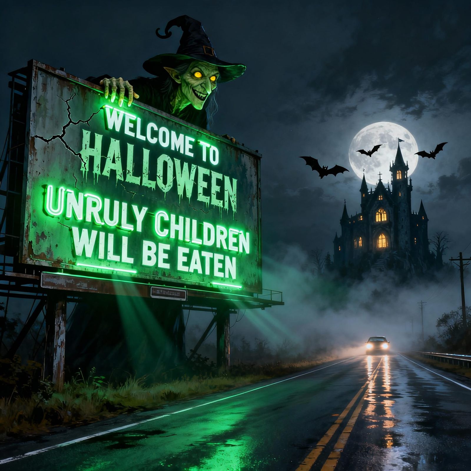 Halloween Billboard on Rural Highway with Witch and Castle