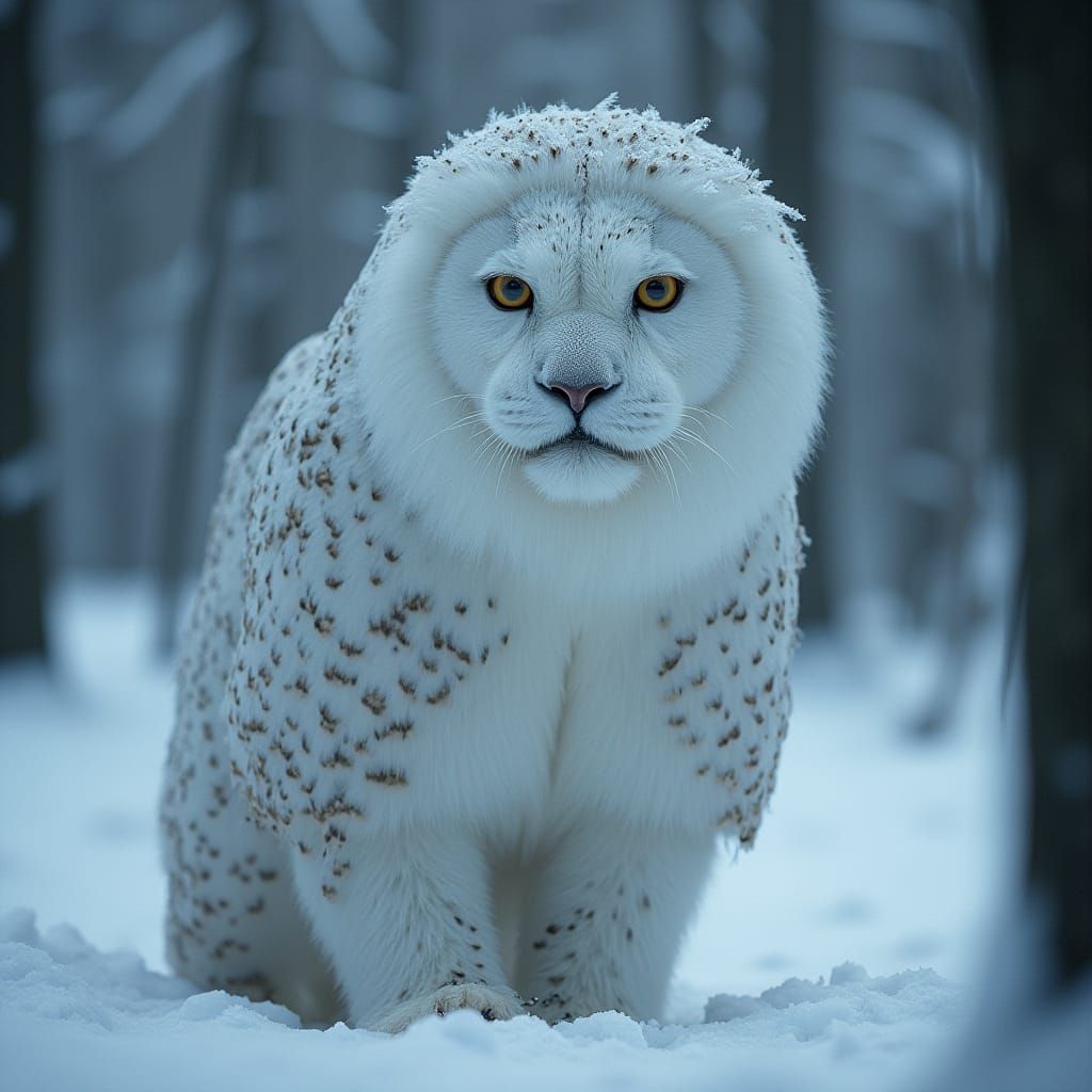 Snow Owl-Lion Hybrid in Winter Forest