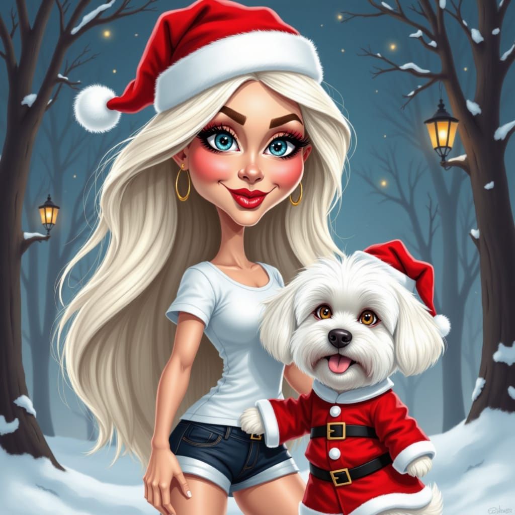 Woman with White Hair and Maltese Dog in Santa Hats
