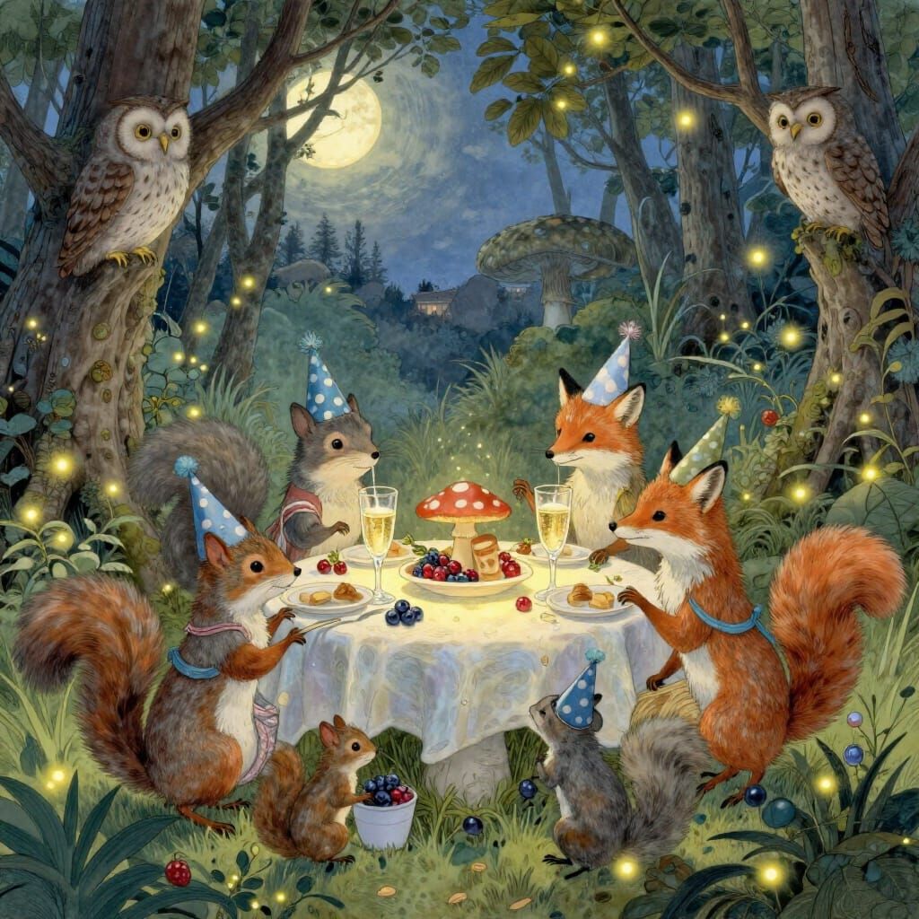 Woodland Creatures Feast Around Glowing Mushroom Table