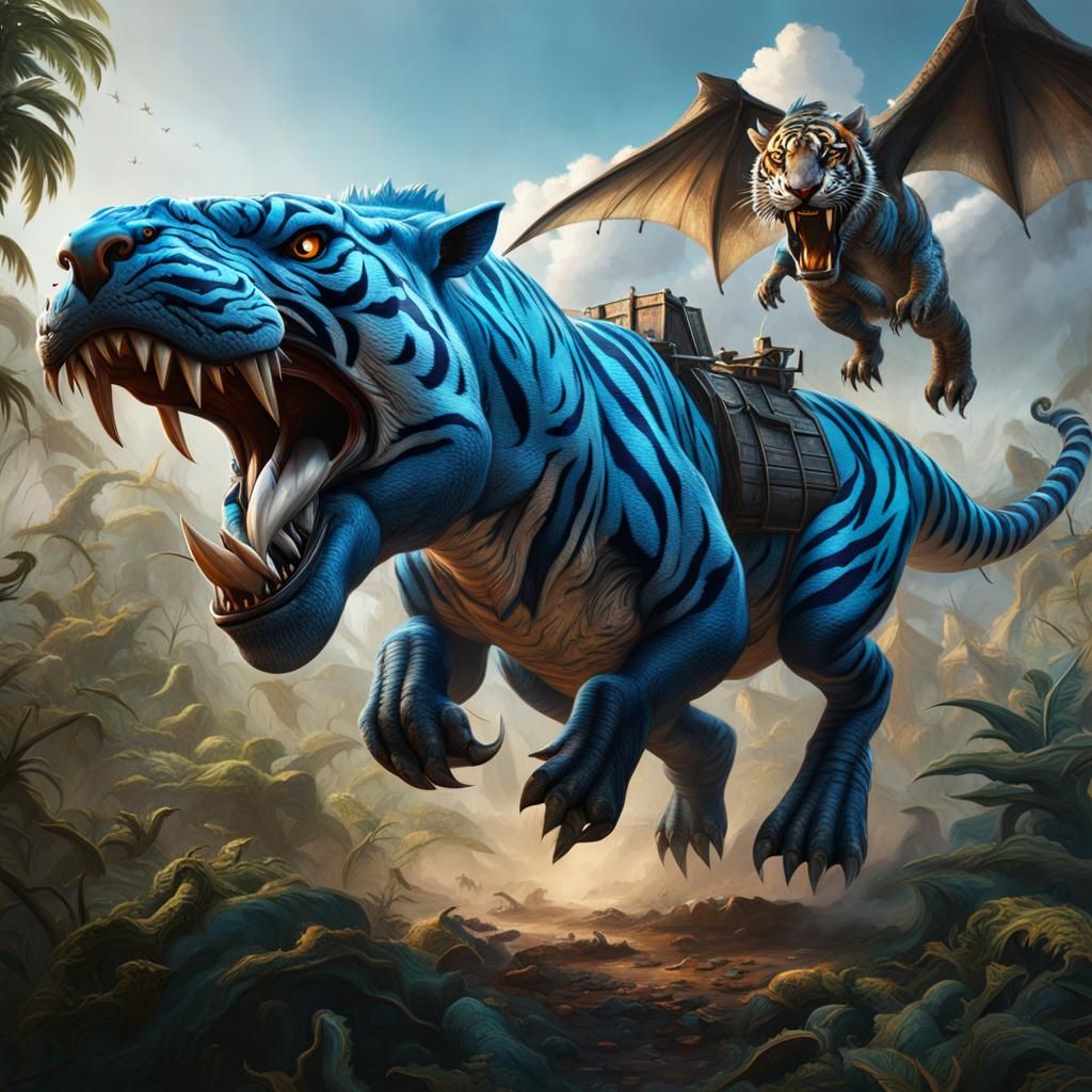 Blue Tiger T-Rex Battle: Fantasy Concept Art