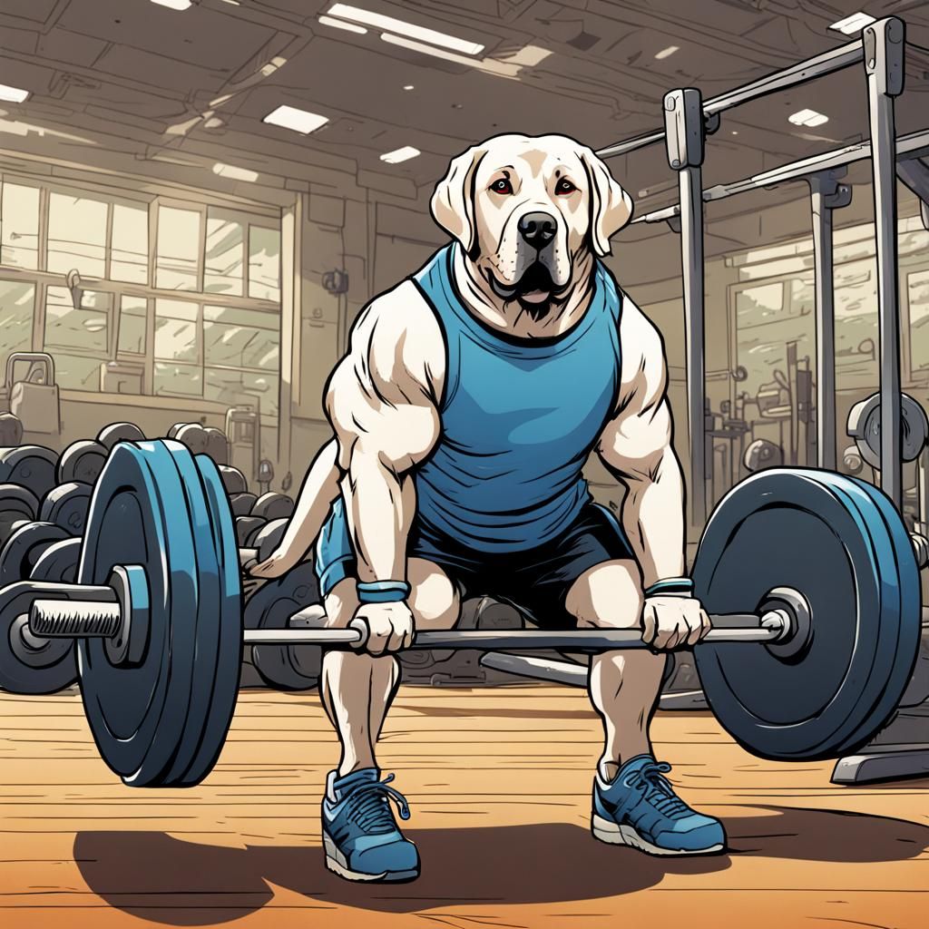 Labrador Cartoon Lifting Weights in Comic Book Art