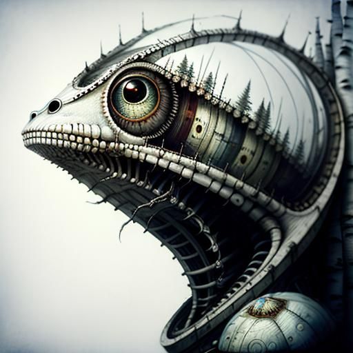 Surreal Alien Creature in White Birch Forest