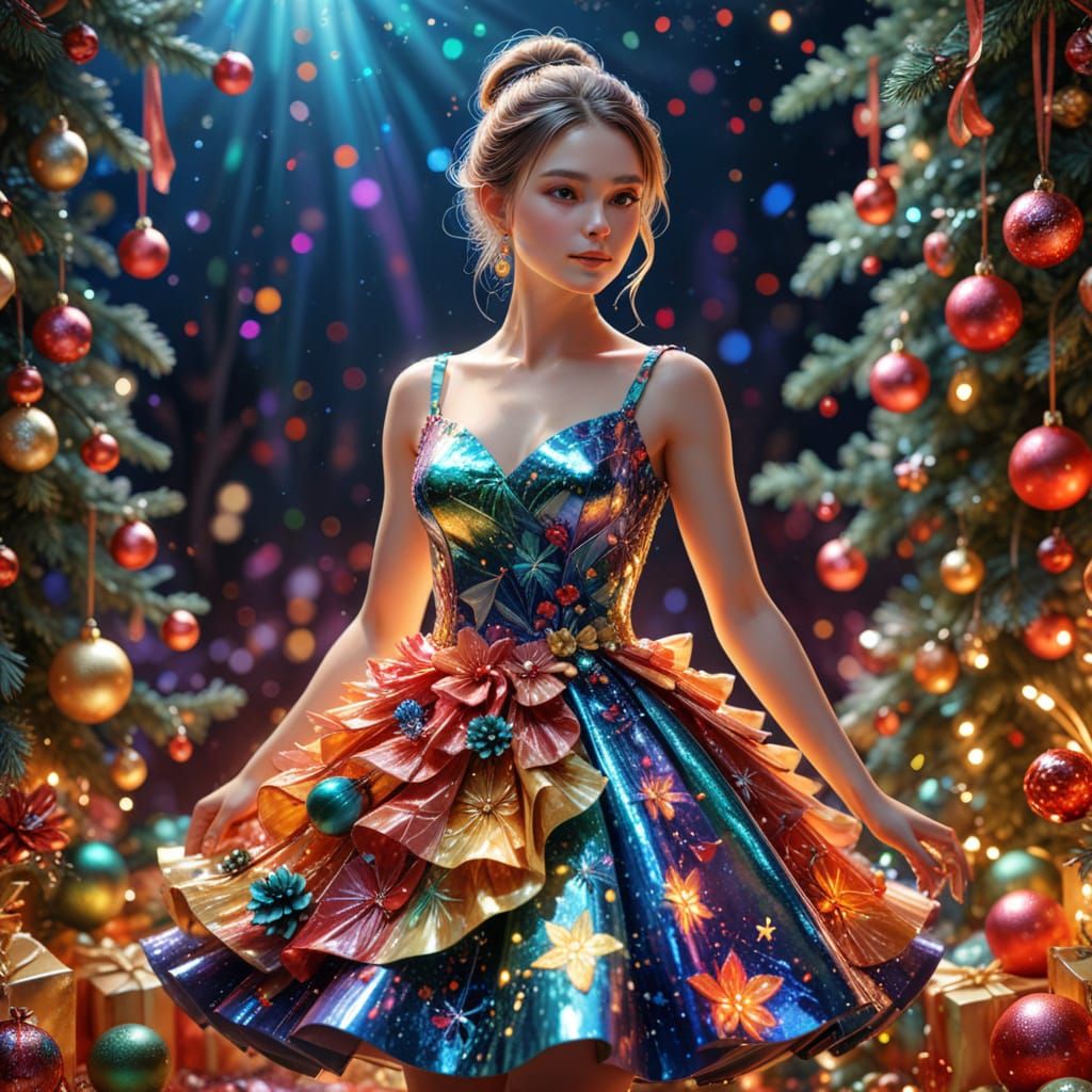 Pop Star in Glittering Dress with Christmas Florals, 3D Rend...