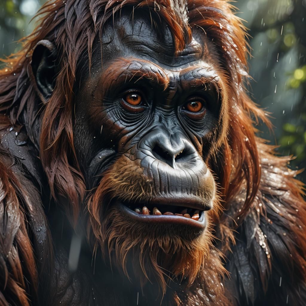 Crying Orangutan: Vivid Digital Art in Eerie Atmosphere