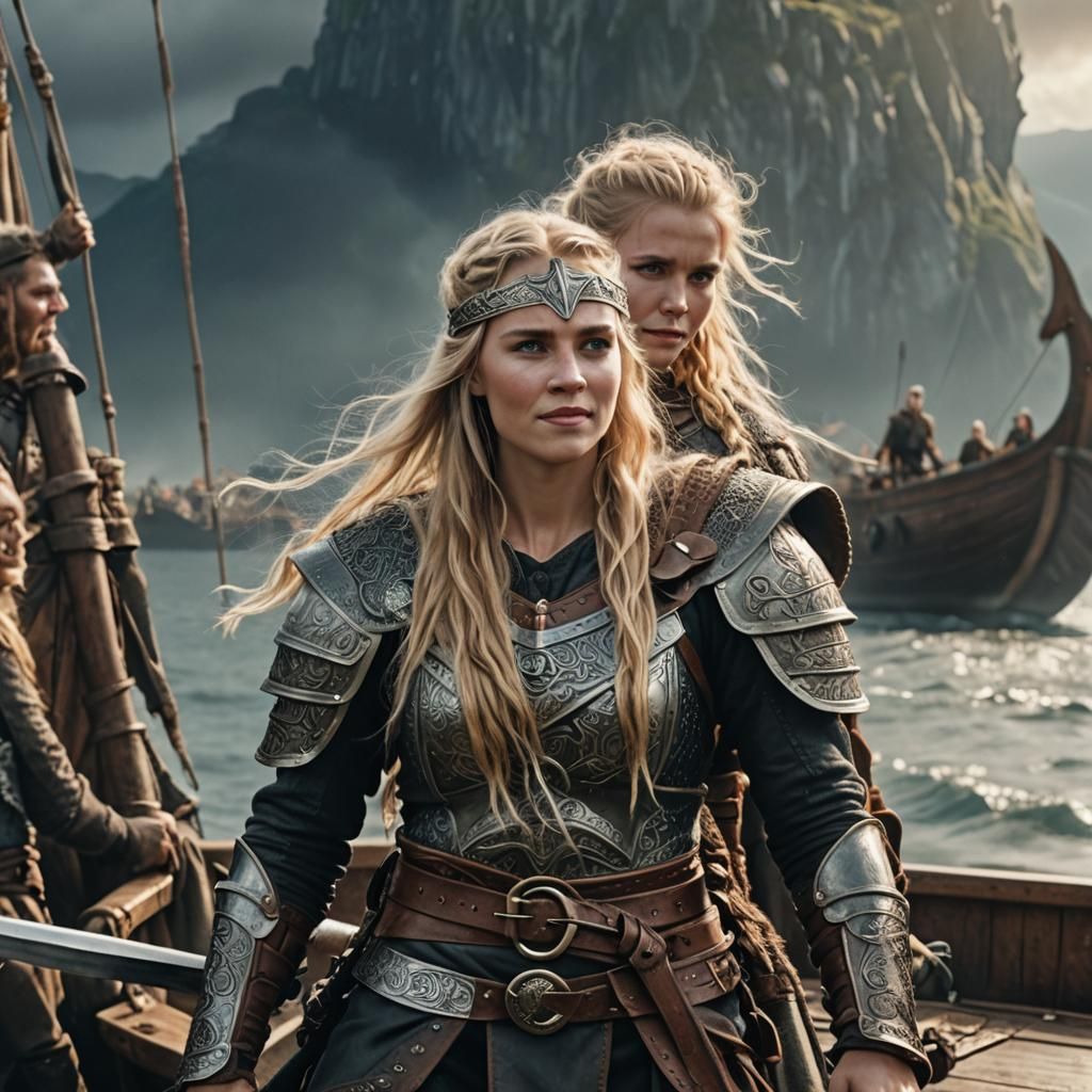 Viking Warrior Lady with Regal Bearing and Majestic Longship