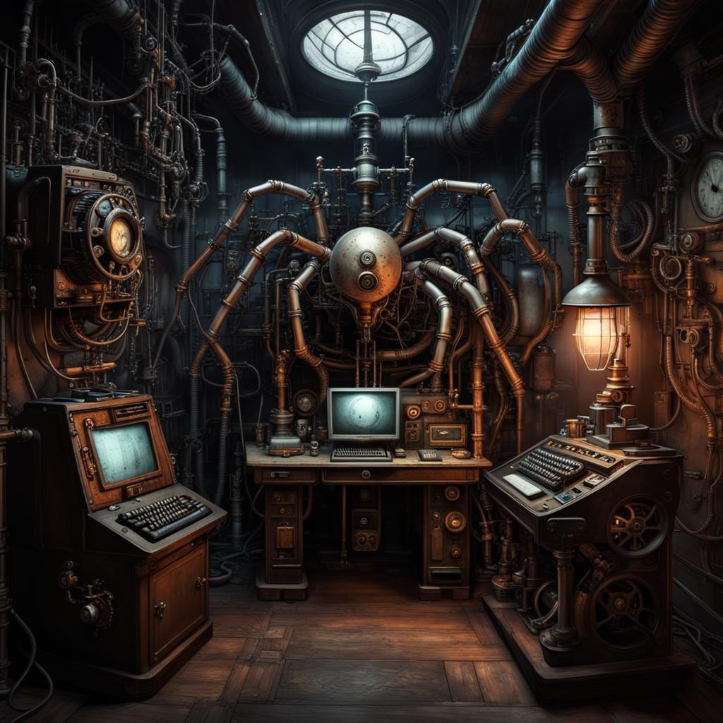 A dimly lit underground cyborg steampunk creepy spooky compu...