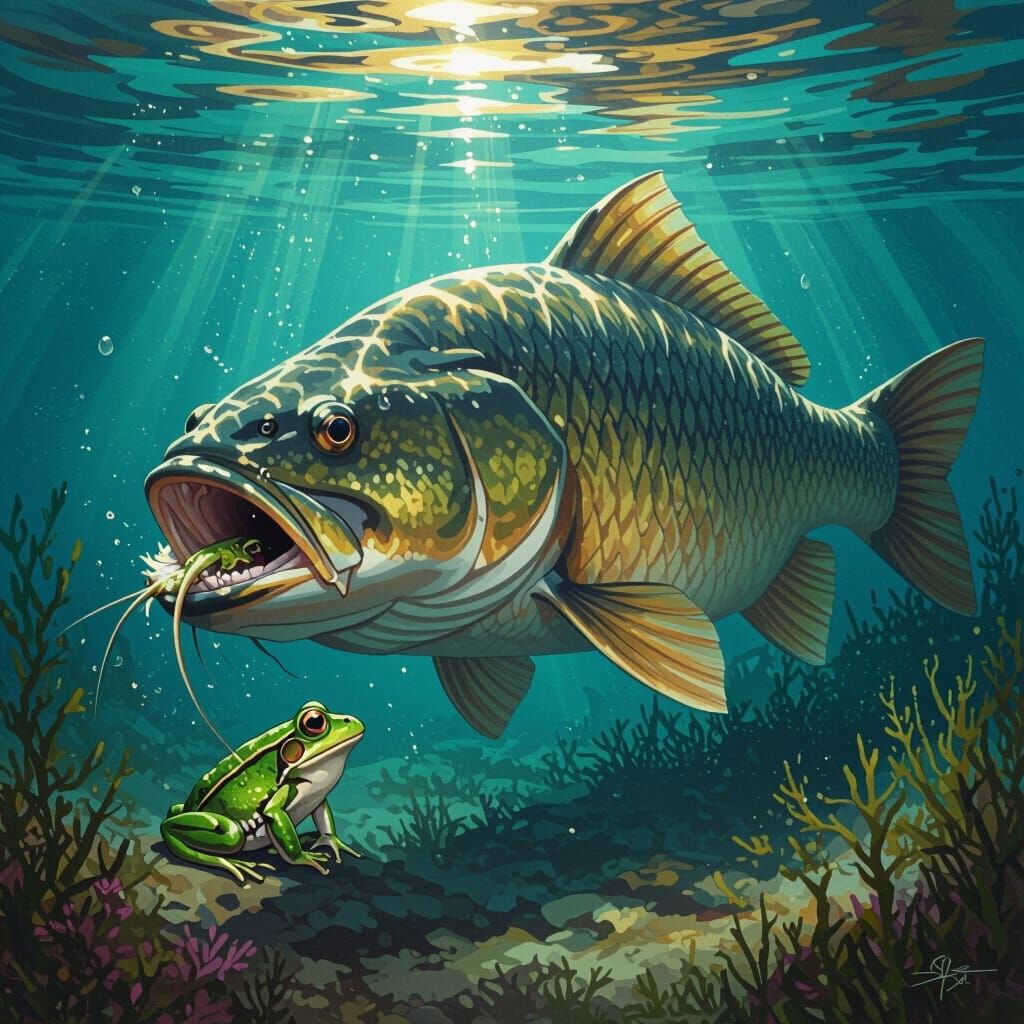 Giant Catfish Devouring Frog in an Aquatic Painting