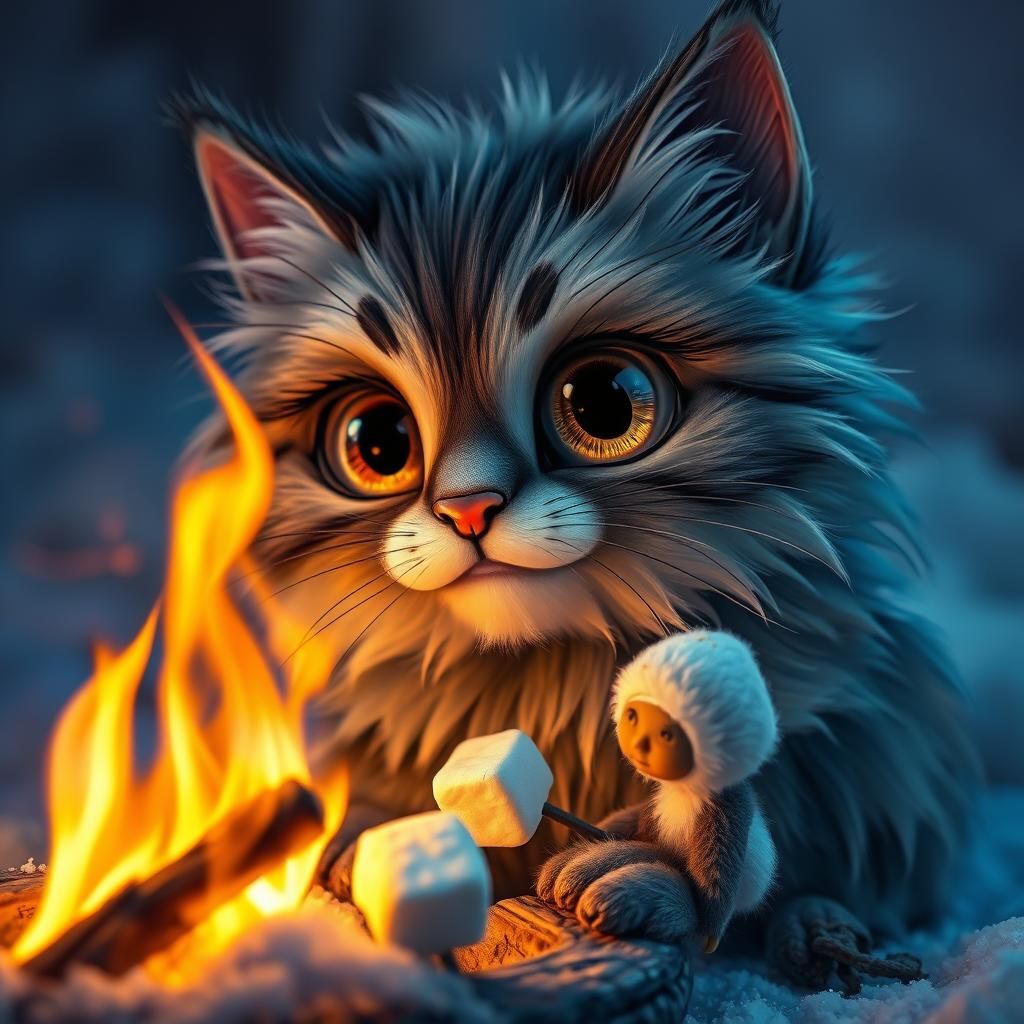 Whimsical Woolly Cat Caricature Toasting Marshmallows