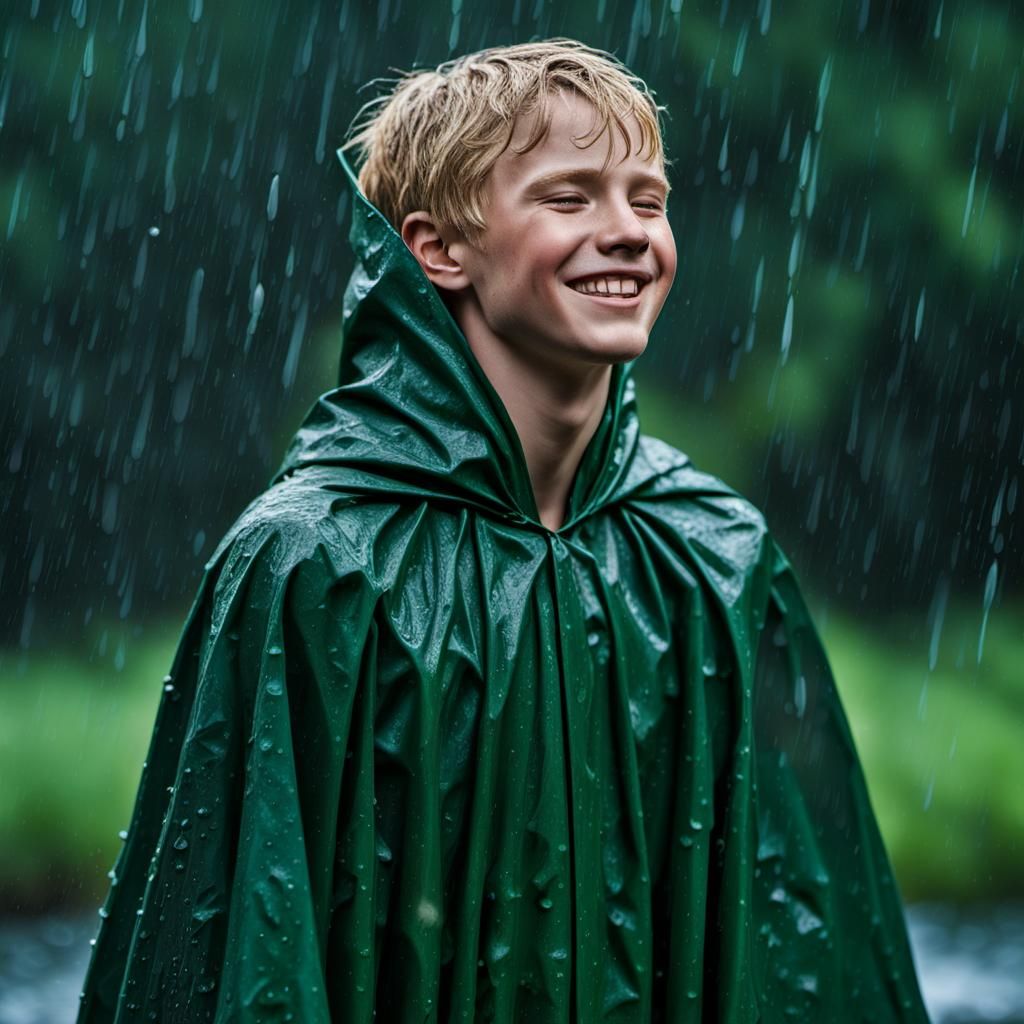 Hyperrealistic Photo of Blond Boy in Rain