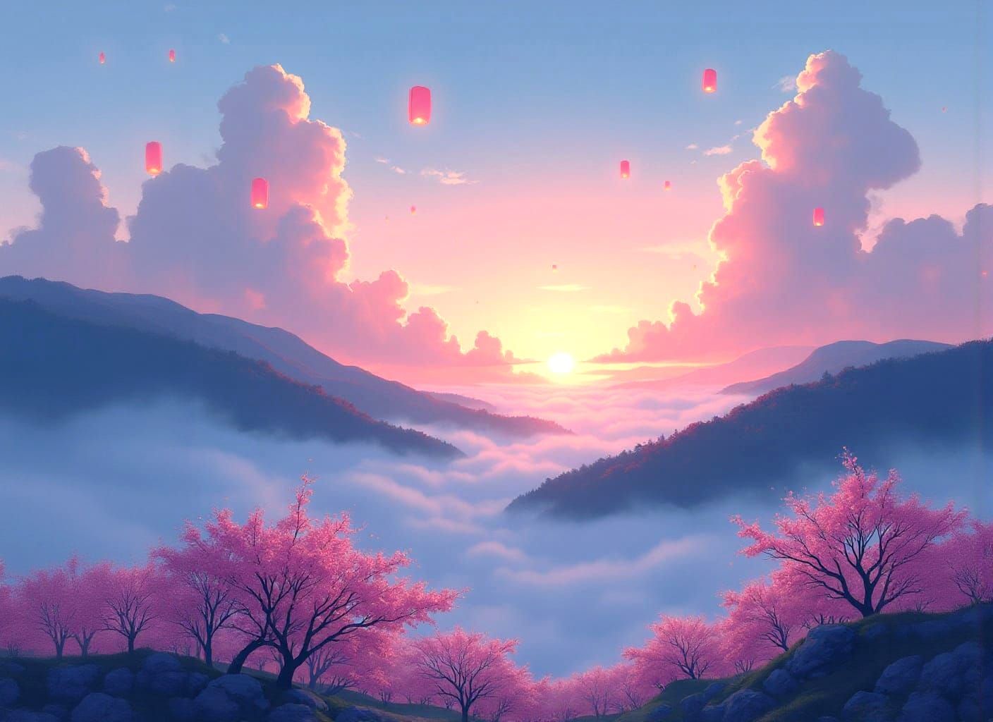 Mountaintop Sunrise with Lanterns in Anime Style
