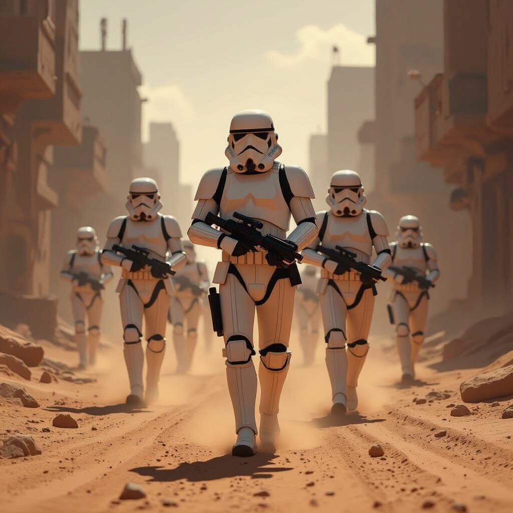 Stormtroopers March Through Desert City in Chiaroscuro