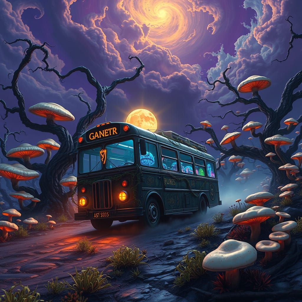 Mystical Ancient Fantasy Bus Speeds Through Dreamlike Landsc...