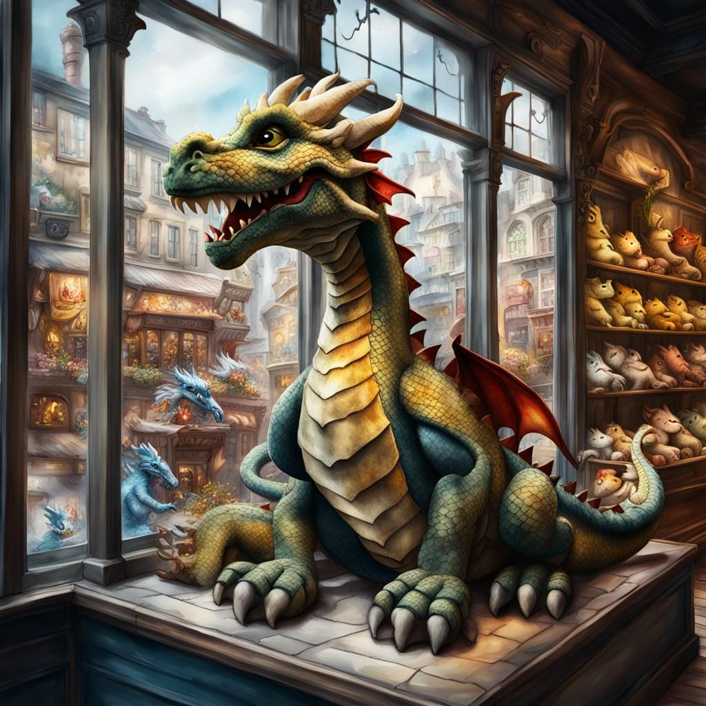 Watercolor Plush Dragon Toy in Toy Store Window
