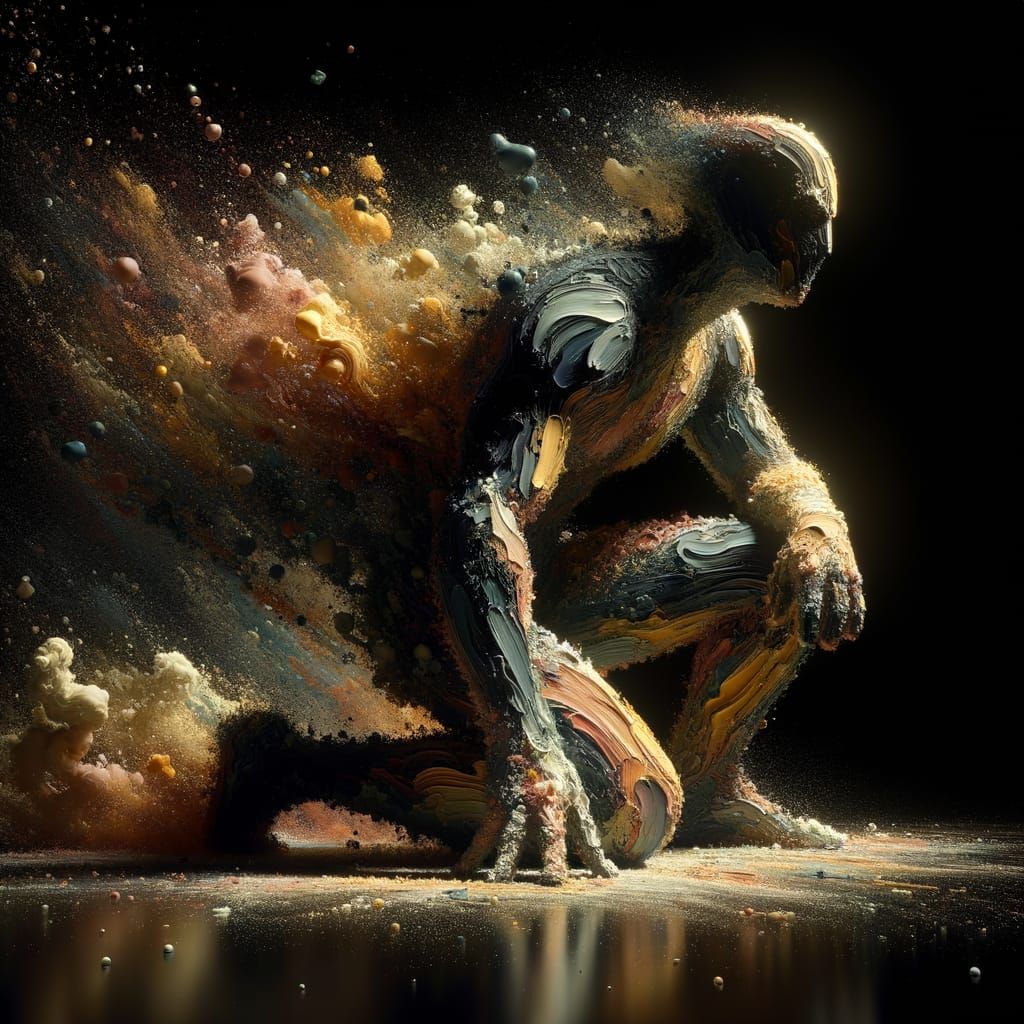 Abstract Superhero Kneeling in Phantasmal Impasto Style