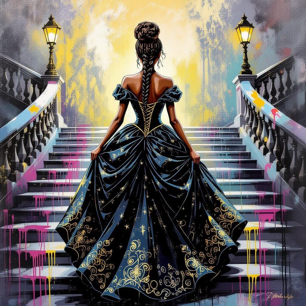Black Cinderella in Gold Gown on Ballroom Steps