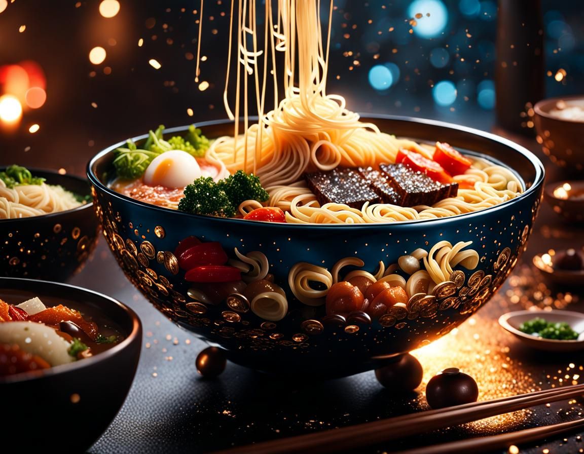 Gourmet Ramen Bowl with Glittering Magical Sparks