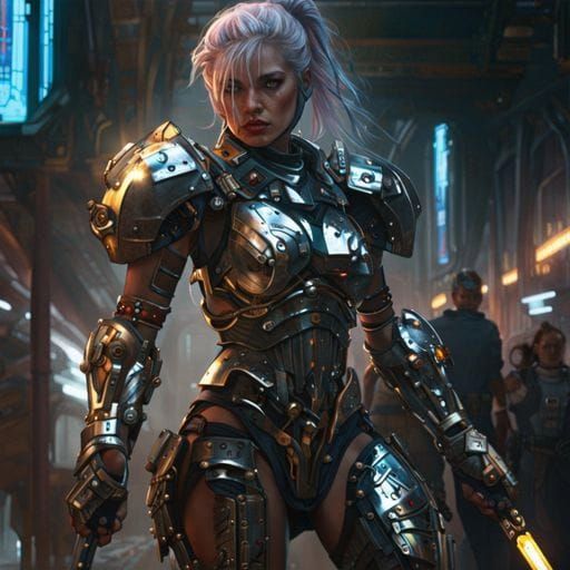 Futuristic Armored Female Warrior in Aetherpunk Style