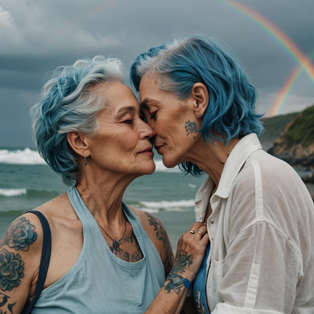 Older Women Kissing with Rainbows, Painterly Style