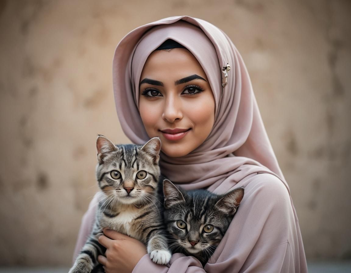 Stunning Arabic Woman with Hijab and Cat Portrait