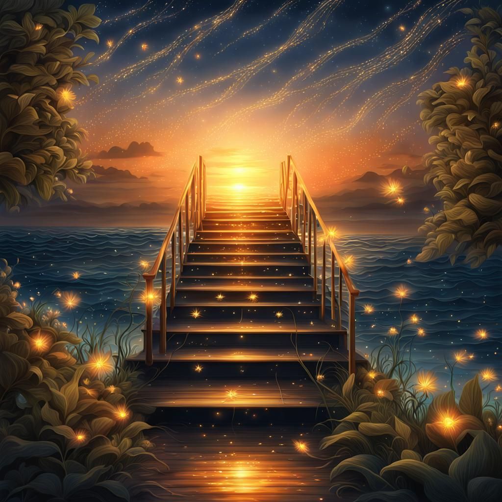 Glowing Staircase to Sunset of Fireflies