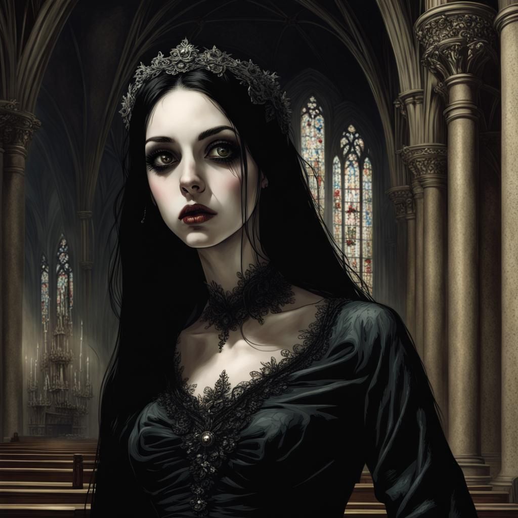 Gothic Bride in Church, Horror Art Style