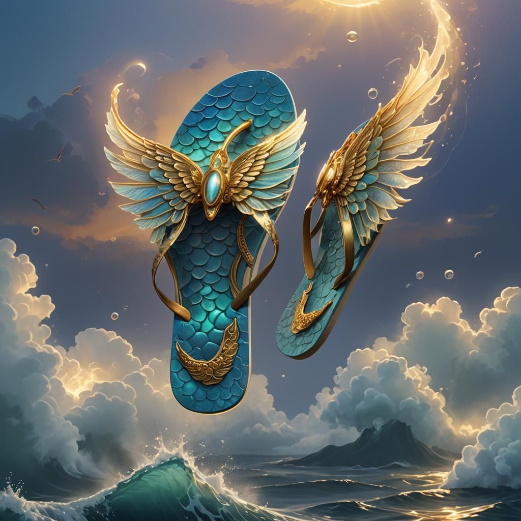 Winged Flip-Flop Teleportation in Surreal Digital Art