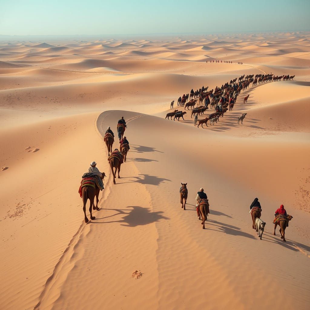 Vibrant Caravan Winds Through Arid Desert Landscape