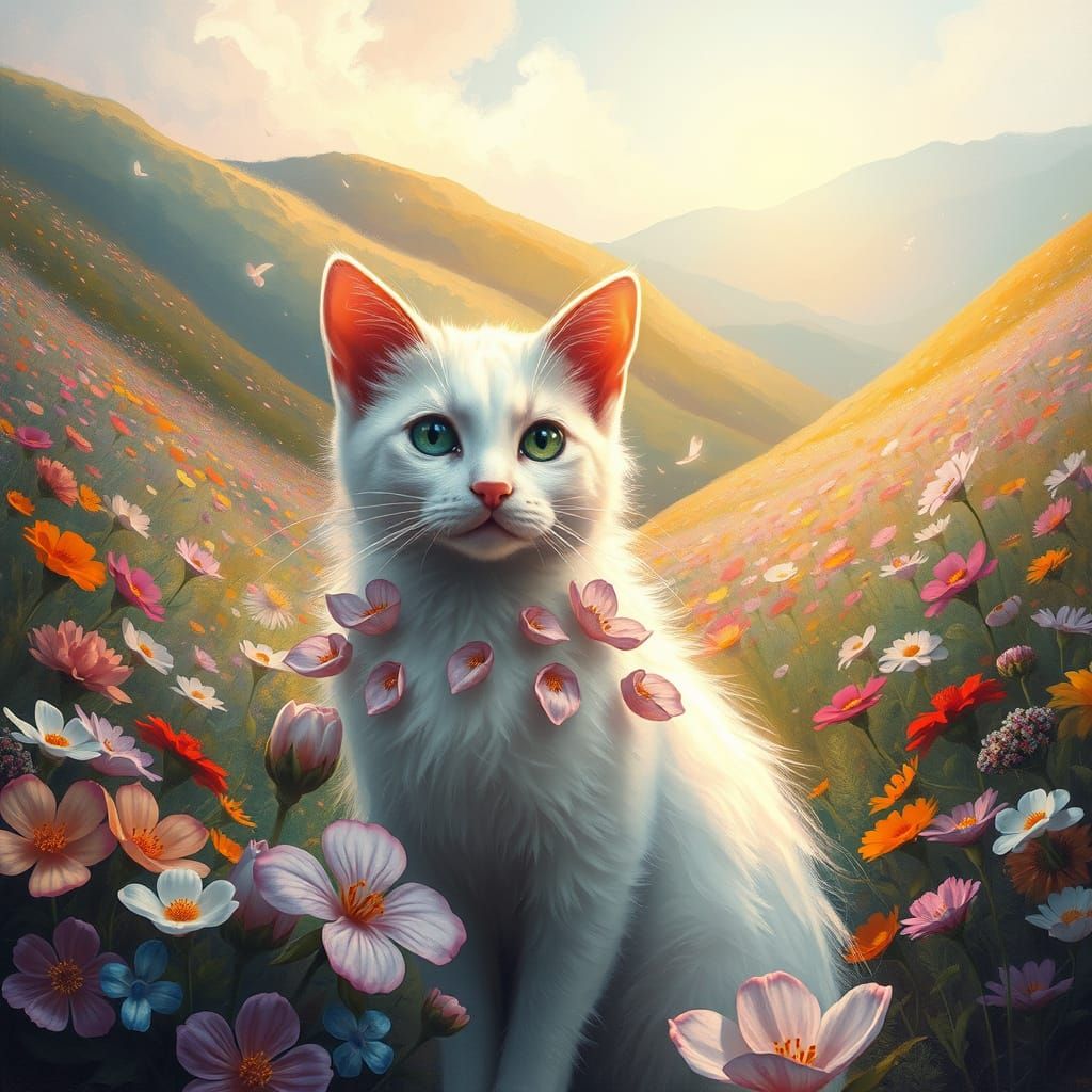 Surreal White Cat Amidst Vibrant Floral Landscape